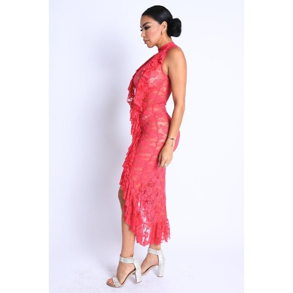 Women's Ruffle Detailed Lace High-Low Dress See Through Party Dress - Picture 8 of 9